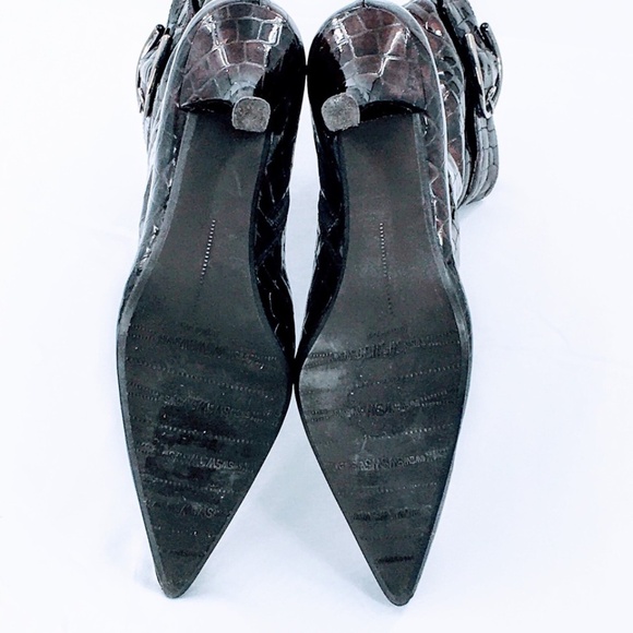 Stuart Weitzman Ankle Boot Brown Croc Embossed Pointed Toe Patent Leather Sz 7.5 - Picture 13 of 15